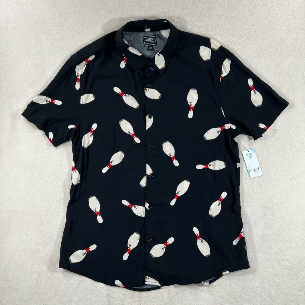 GUESS Eco Bowled Over Bowling Pin Night Out Shirt Black Mens Size L NWT Slim Fit